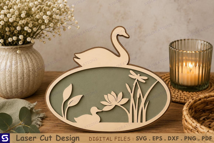 3D Oval Pond Scene with Swan Top & Duckling Water Lily