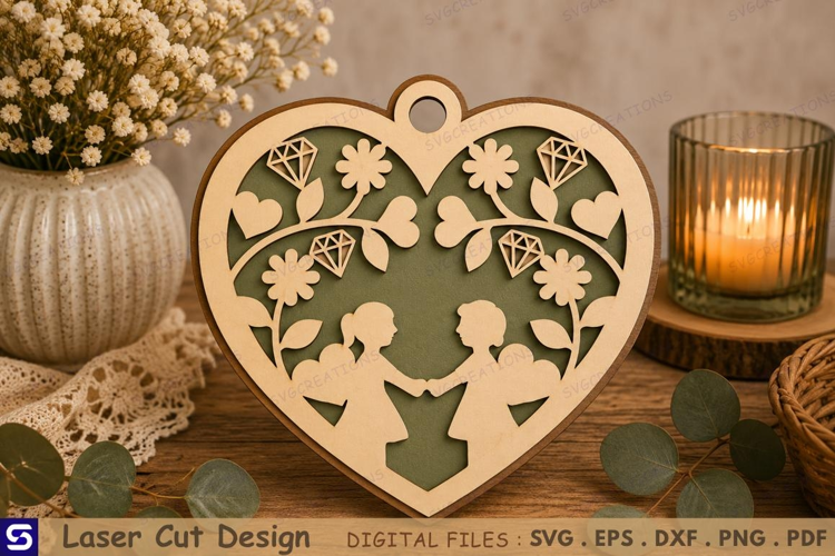 3D Romantic Couple Heart Wooden Ornament Laser Cut File