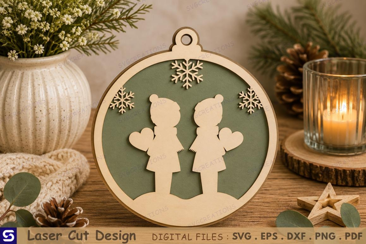 3D Winter Kids Holding Hearts Round Wooden Ornament Laser