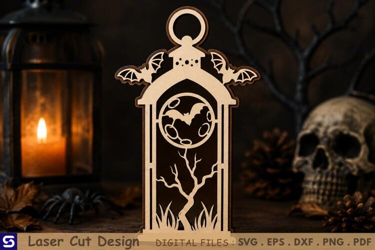 3D Halloween Lantern with Bats & Moon Wooden Ornament Laser example image 1