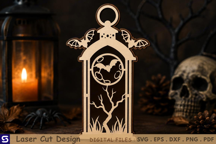 3D Halloween Lantern with Bats & Moon Wooden Ornament Laser