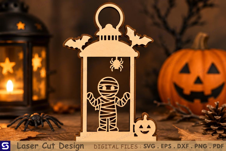 3D Halloween Lantern with Mummy & Pumpkin Wooden Ornament