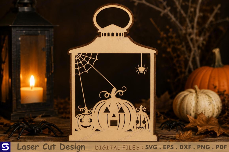 3D Halloween Lantern with Pumpkins & Spider Web Wooden laser