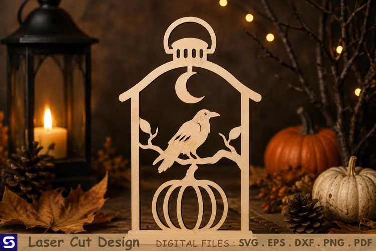 3D Halloween Lantern with Raven Crow & Pumpkin Wooden laser