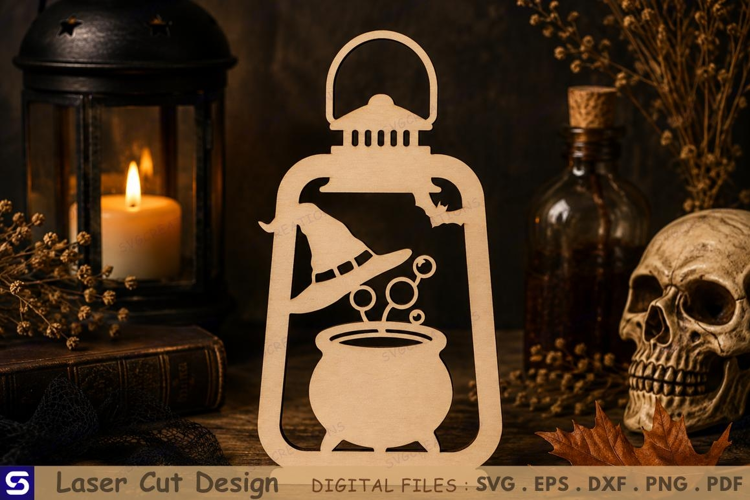 3D Halloween Lantern with Witch Hat & Cauldron Wooden