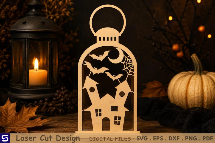 3D Halloween Lantern with Haunted House & Bats Wooden laser