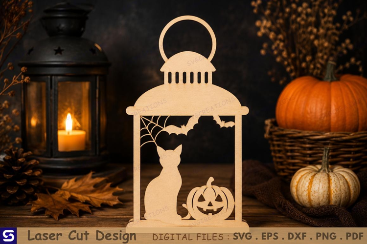 3D Halloween Lantern with Black Cat & Pumpkin Wooden laser