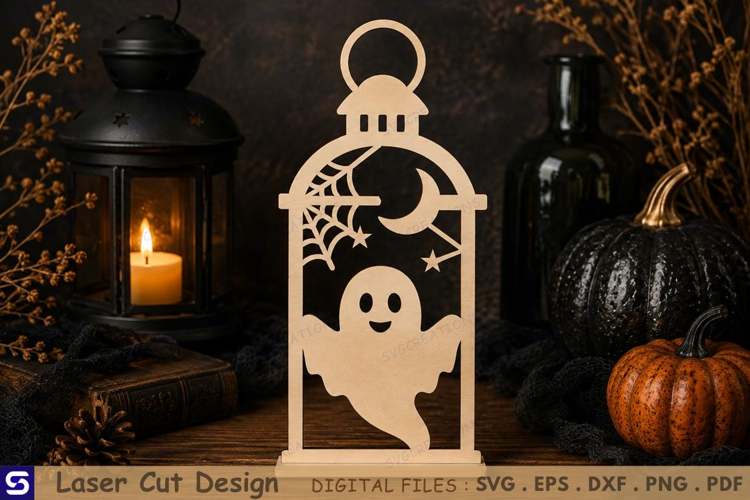 3D Halloween Lantern with Cute Ghost Wooden Ornament Laser