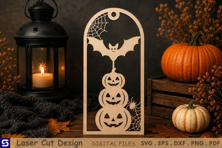 3D Halloween Arch Stacked Pumpkins & Bat Wooden Ornament