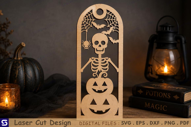 3D Halloween Skeleton Standing on Pumpkins Arch Wooden
