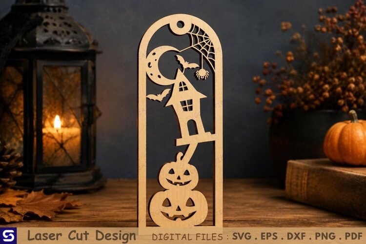 3D Halloween Arch Haunted House & Stacked Pumpkins Wooden example image 1
