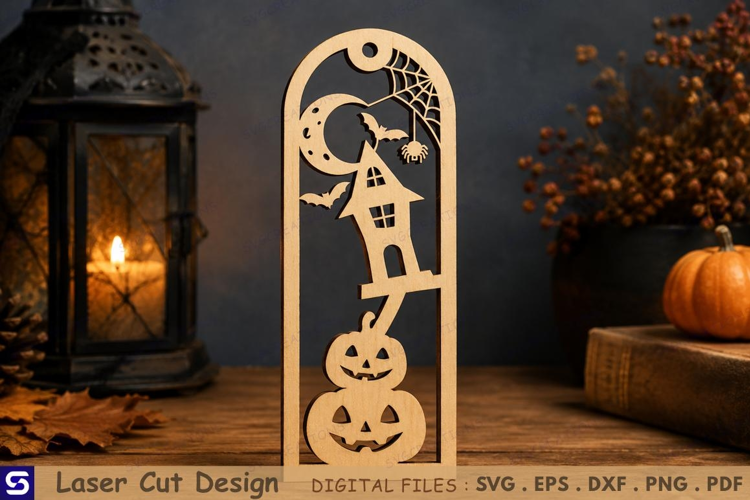 3D Halloween Arch Haunted House & Stacked Pumpkins Wooden