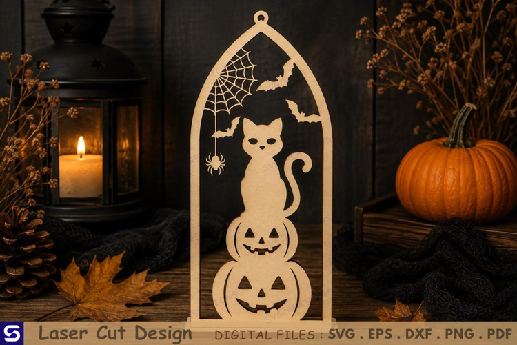 3D Halloween Arch Cat Perched on Stacked Pumpkins Wooden
