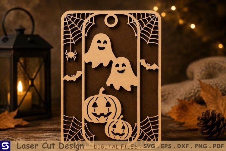 3D Halloween Tag with Cute Ghosts & Pumpkins Wooden Ornament example image 1