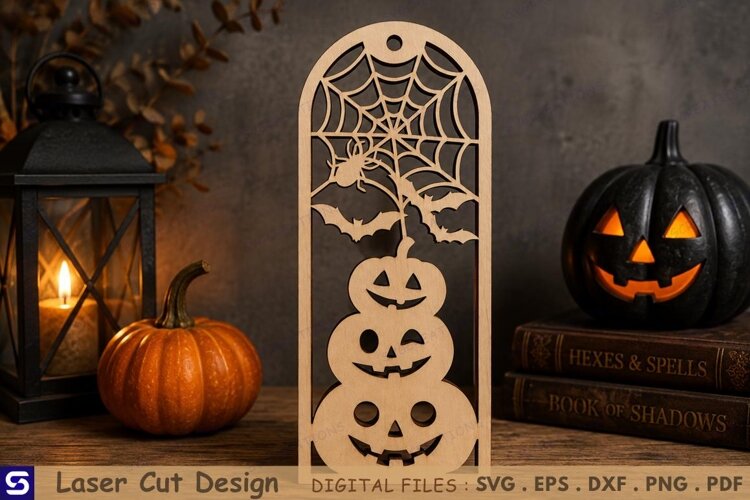 3D Halloween Arch Stacked Pumpkins & Spider Web Wooden example image 1