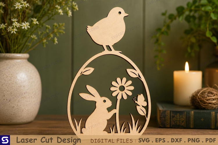 3D Spring Easter Oval with Bunny & Daisy Wooden Decor Laser