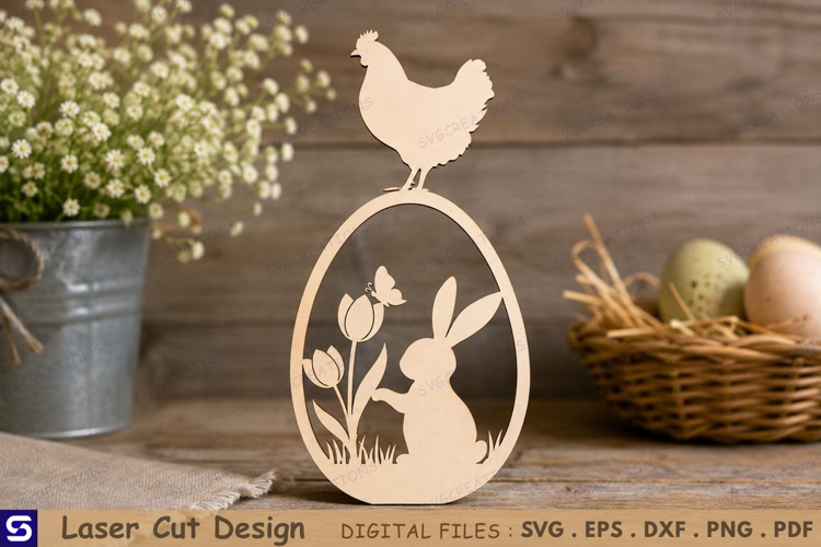 3D Spring Easter Egg with Bunny & Tulip Wooden Decor Laser