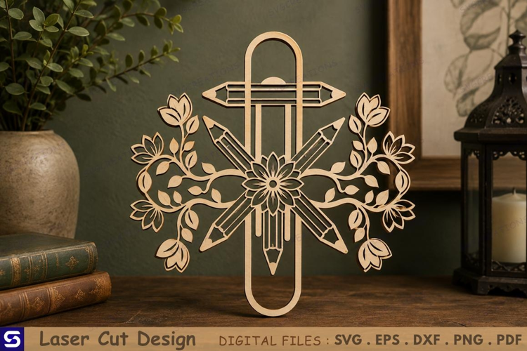 3D Floral Pencil Burst Paperclip Wooden Bookmark Laser Cut