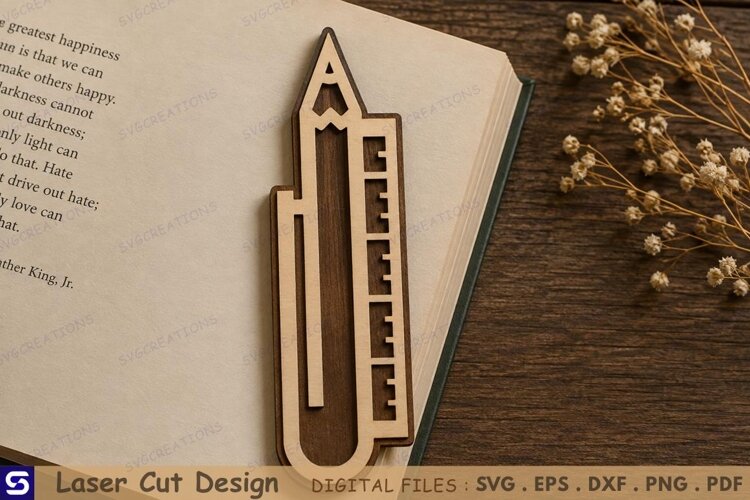 3D Pencil & Ruler Paperclip Wooden Bookmark Laser Cut File example image 1