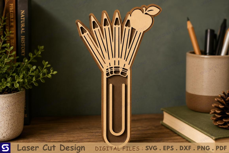 3D Colored Pencils Fan with Apple Paperclip Wooden Bookmark