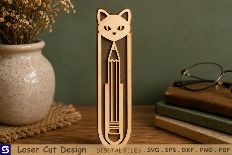 3D Cute Cat Head & Pencil Paperclip Wooden Bookmark Laser