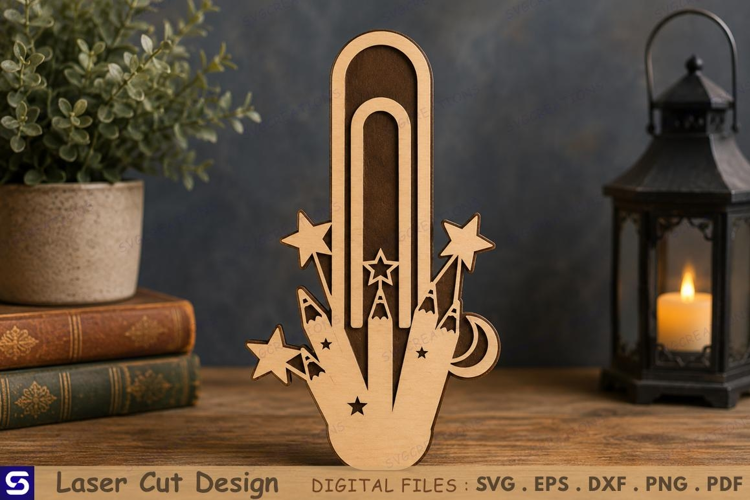 3D Magic Pencil & Stars Paperclip Wooden Bookmark Laser Cut