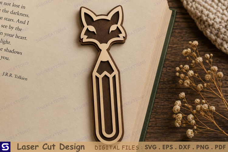 3D Origami Fox Head & Pencil Paperclip Wooden Bookmark Laser