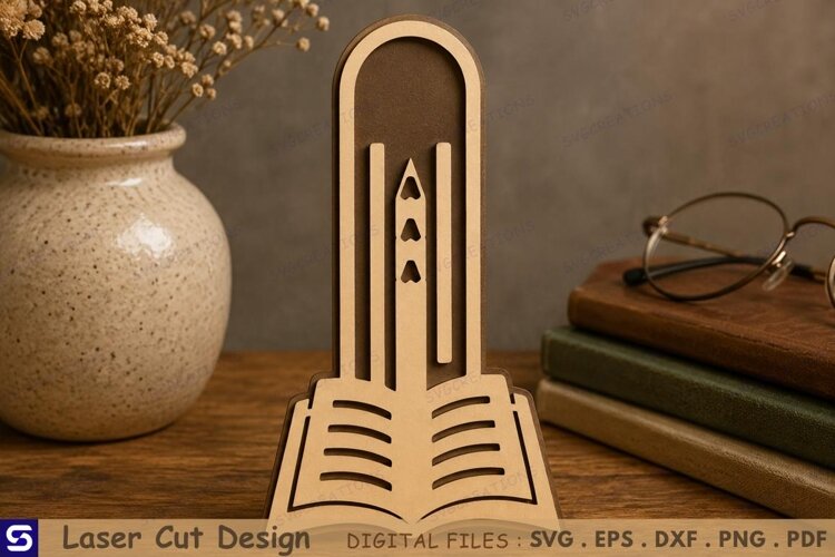 3D Open Book & Pencil Paperclip Wooden Bookmark Laser Cut example image 1