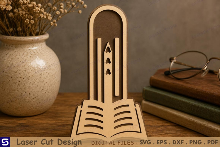 3D Open Book & Pencil Paperclip Wooden Bookmark Laser Cut