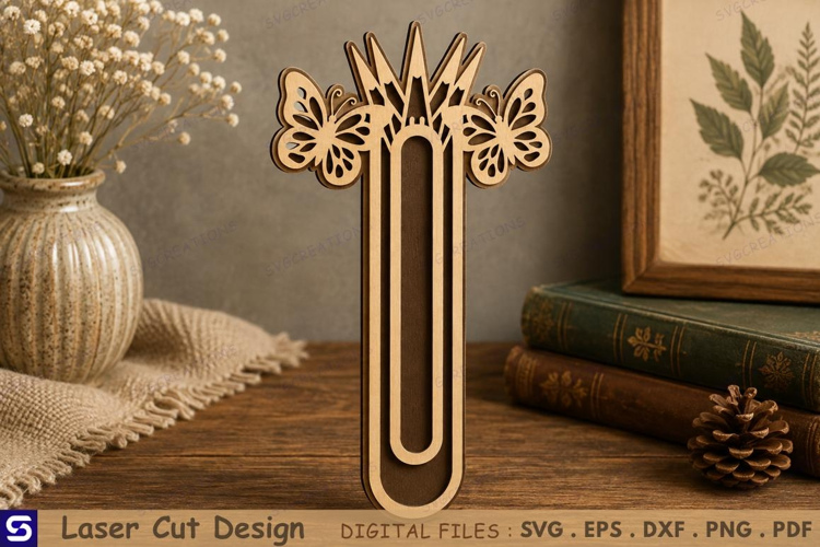 3D Butterfly & Pencil Crown Paperclip Wooden Bookmark Laser
