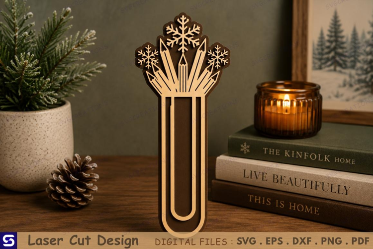 3D Snowflake & Pencil Bouquet Paperclip Wooden Bookmark