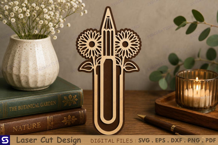 3D Sunflower & Pencil Paperclip Wooden Bookmark Laser Cut