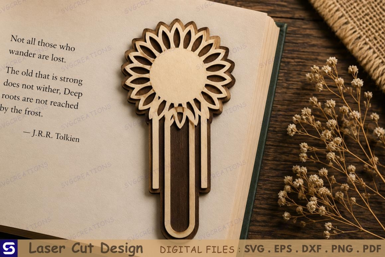 3D Sunflower Flower Head Paperclip Wooden Bookmark Laser Cut