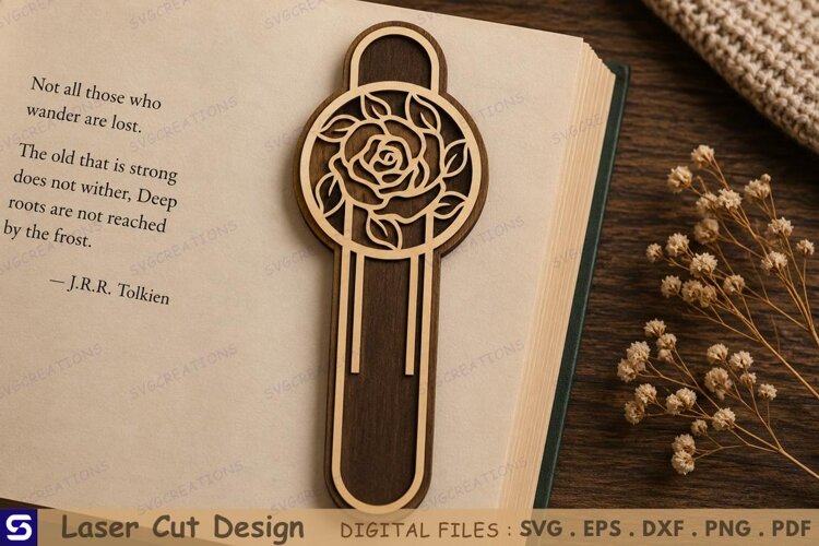 3D Blooming Rose Paperclip Wooden Bookmark Laser Cut File example image 1