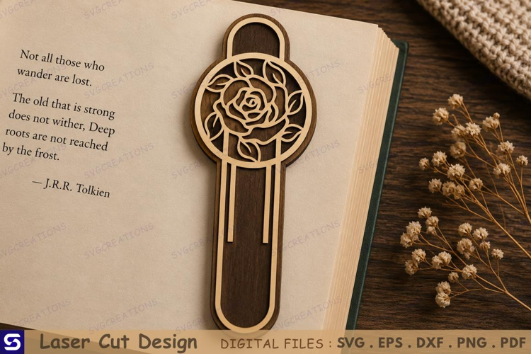 3D Blooming Rose Paperclip Wooden Bookmark Laser Cut File