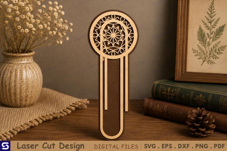 3D Geometric Star Mandala Paperclip Wooden Bookmark Laser example image 1
