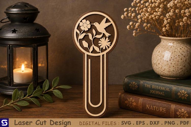 3D Hummingbird Floral Paperclip Wooden Bookmark Laser Cut