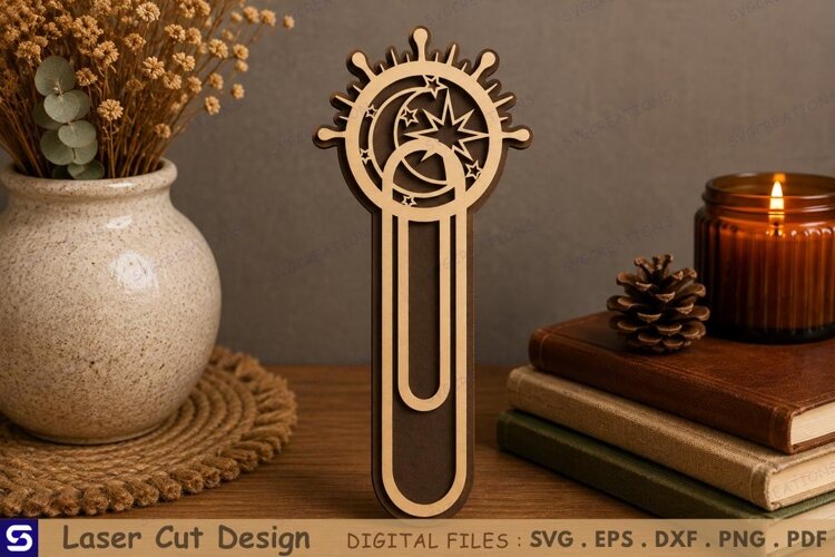 3D Celestial Sun Moon Star Paperclip Wooden Bookmark Laser example image 1