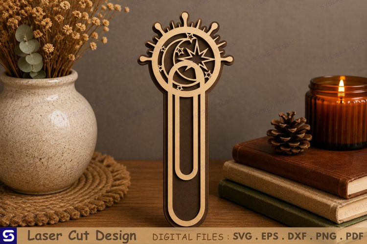 3D Celestial Sun Moon Star Paperclip Wooden Bookmark Laser
