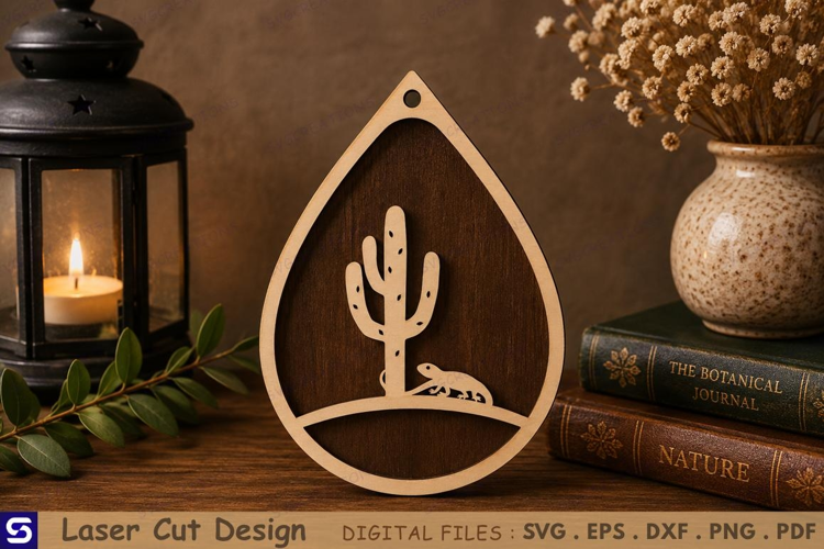 3D Cactus & Lizard Teardrop Pendant Laser Cut File