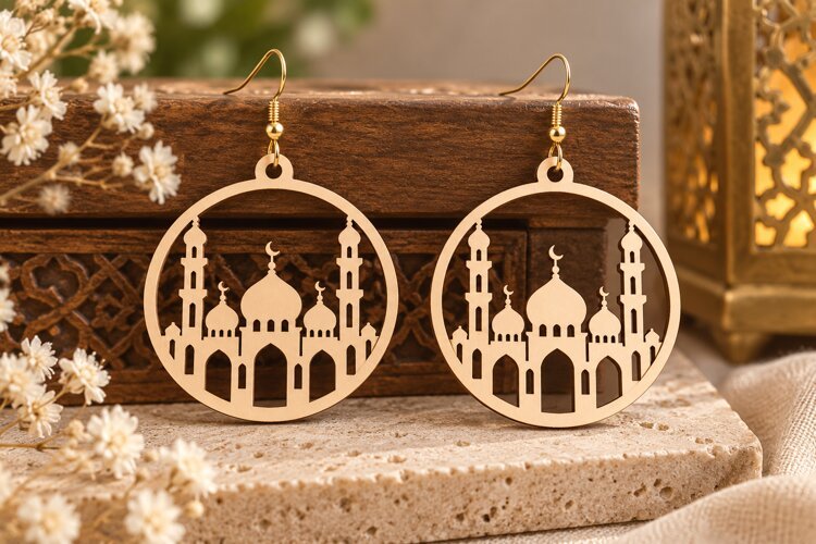 Round Mosque Earrings Laser Cut SVG File round mosque svg, example image 1