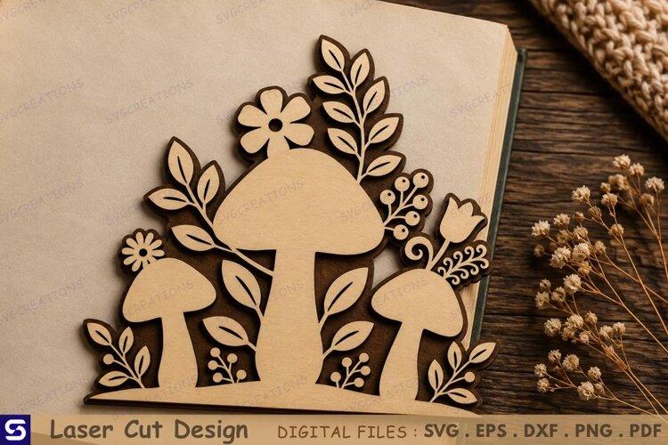 3D Mushroom Garden Book Nook Corner Laser Cut File example image 1