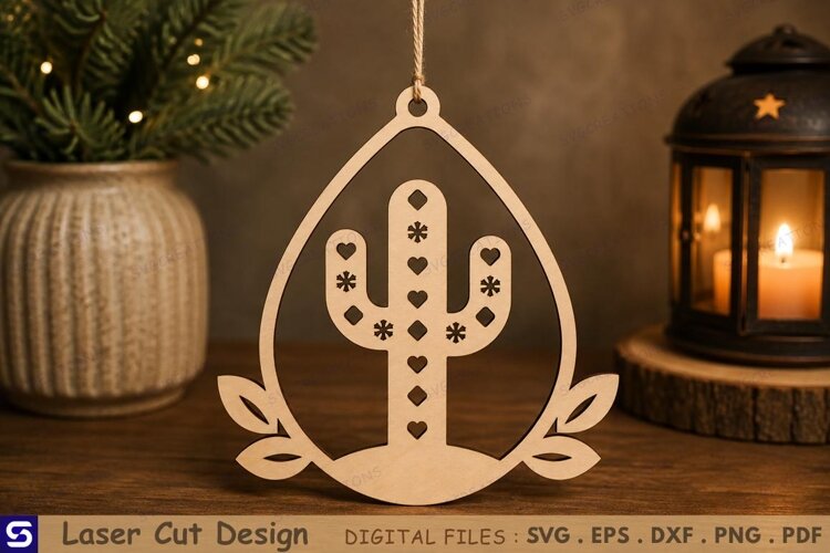 3D Patterned Cactus Teardrop Pendant Laser Cut File example image 1
