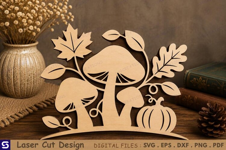 3D Fall Mushroom & Pumpkin Book Nook Topper Laser Cut File example image 1