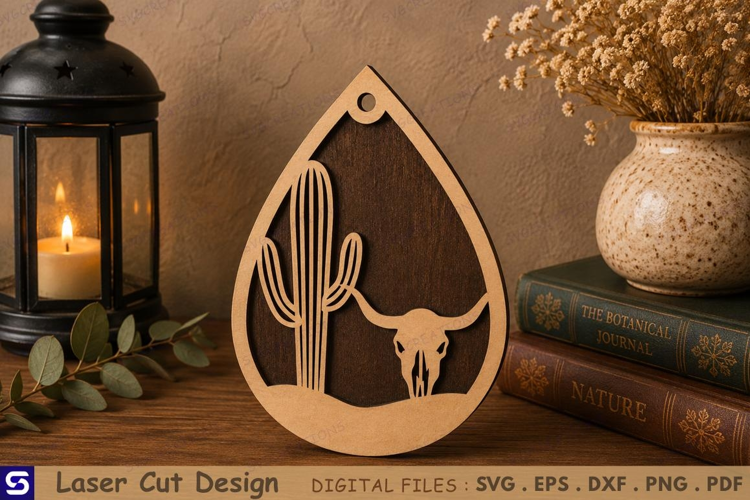 3D Desert Cactus & Bull Skull Teardrop Pendant Laser Cut