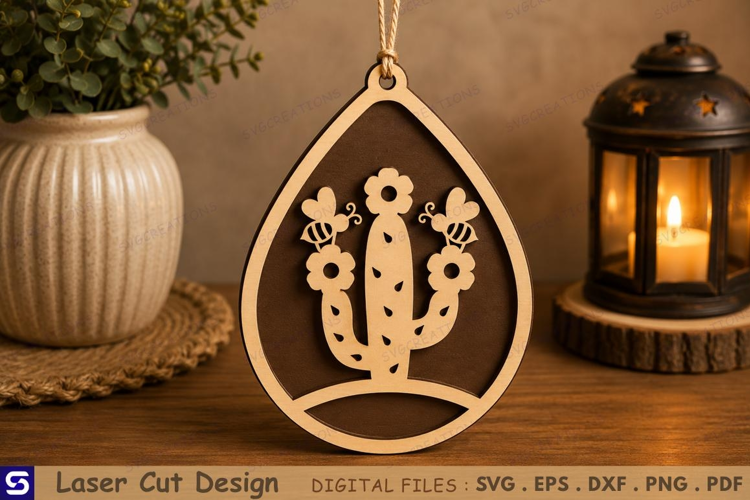 3D Cactus & Bees Teardrop Pendant Laser Cut File