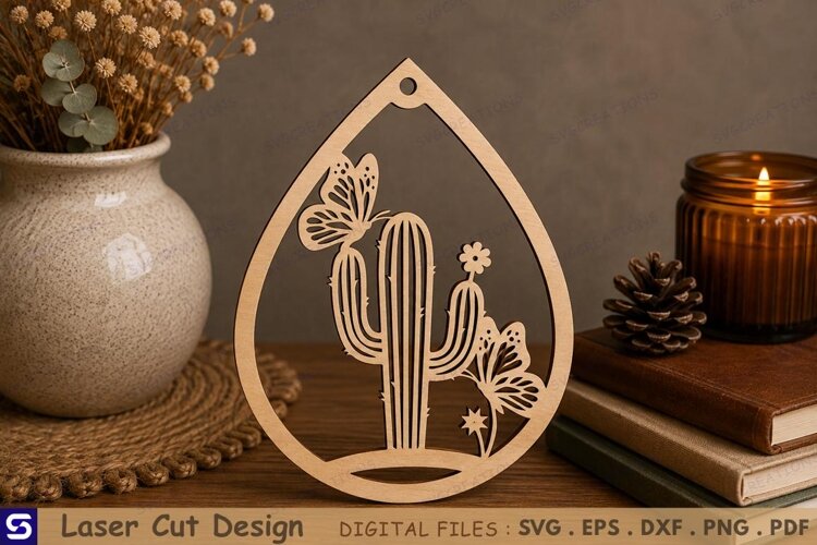 3D Cactus & Butterflies Teardrop Pendant Laser Cut File example image 1