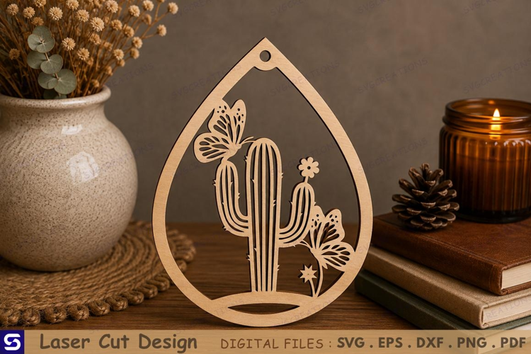 3D Cactus & Butterflies Teardrop Pendant Laser Cut File
