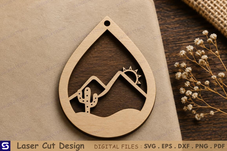 3D Desert Mountain & Sun Teardrop Pendant Laser Cut File