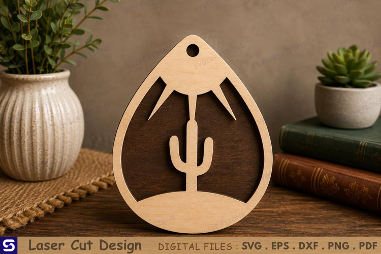 3D Desert Sun & Cactus Teardrop Pendant Laser Cut File